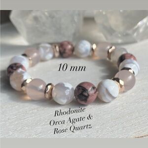 10 mm Rhodonite, Rose Quartz & Agate Gemstone Stretch Bracelet